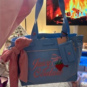 Juicy Couture Light Blue Tote with Pink Bow & Strawberry Patch